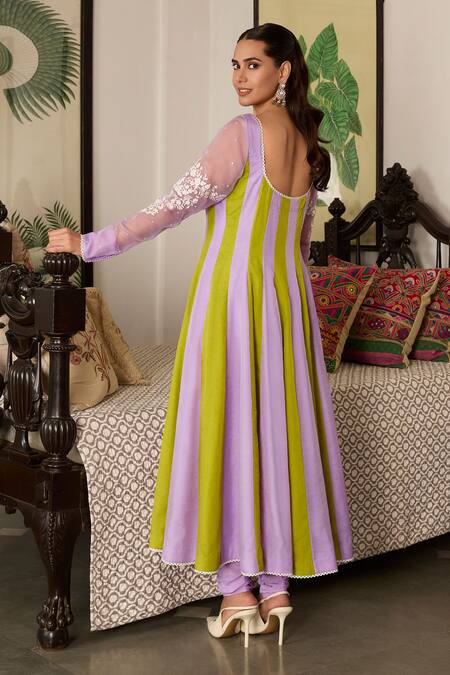 Shop_Meesa_Purple Organza, Cotton Embroidery, Sequins Asymmetric Floral Anarkali Set _at_Aza_Fashions