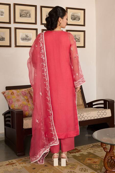 Shop_Meesa_Pink Organza, Cotton Sequins, Embroidery Flower Kurta Set _at_Aza_Fashions