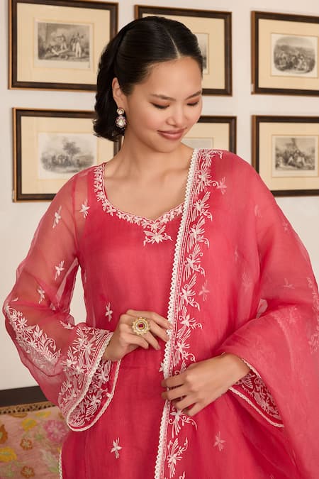 Meesa_Pink Organza, Cotton Sequins, Embroidery Flower Kurta Set _Online_at_Aza_Fashions