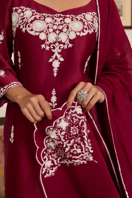 Meesa_Maroon Chanderi Silk, Cotton Sequins, Embroidery Round Neck Floral Kurta Set _Online_at_Aza_Fashions