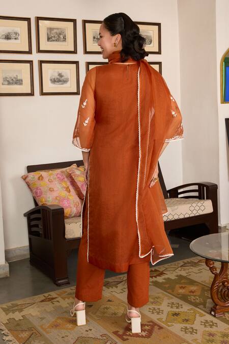 Shop_Meesa_Brown Organza, Cotton Sequins, Embroidery Round Neck Floral Kurta Pant Set _at_Aza_Fashions