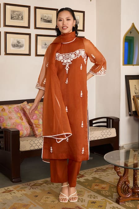 Meesa Brown Floral Embroidered Kurta Pant Set 