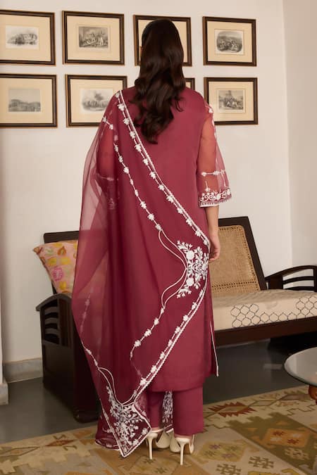 Shop_Meesa_Brown Organza, Cotton Sequins, Embroidery V-neck Kurta Pant Set _at_Aza_Fashions