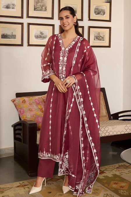 Meesa Brown Embroidered Kurta Pant Set 