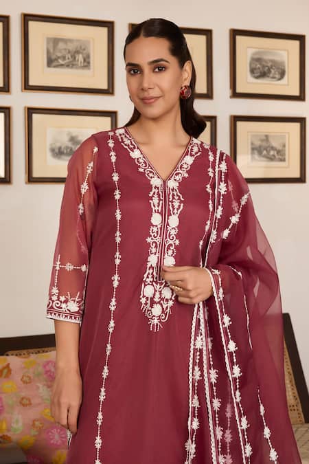 Meesa_Brown Organza, Cotton Sequins, Embroidery V-neck Kurta Pant Set _Online_at_Aza_Fashions