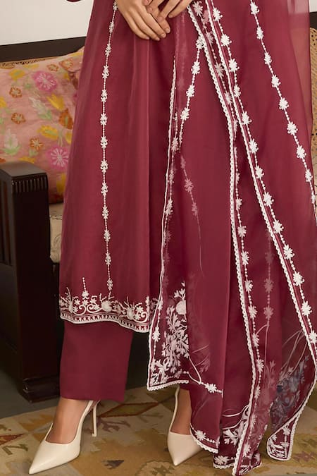 Buy_Meesa_Brown Organza, Cotton Sequins, Embroidery V-neck Kurta Pant Set _Online_at_Aza_Fashions