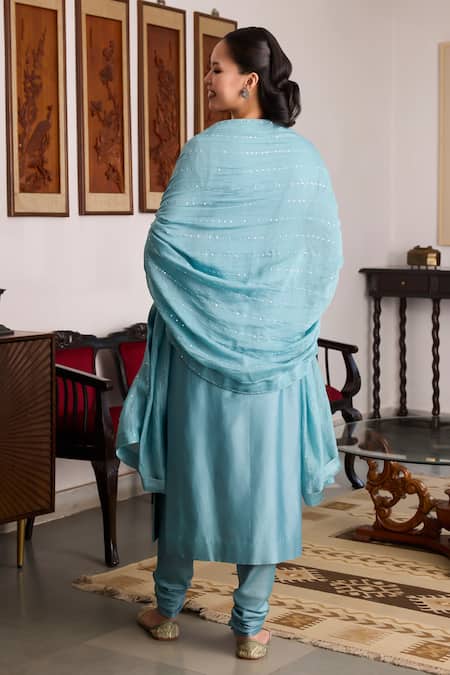 Shop_Meesa_Blue Chanderi Silk, Cotton Sequins, Embroidery Keyhole Floral Key Kurta Set _at_Aza_Fashions