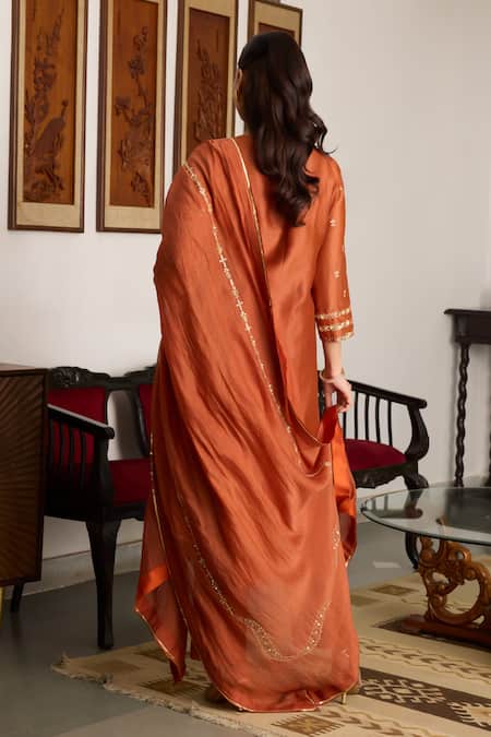 Shop_Meesa_Brown Chanderi Silk Sequins, Embroidery Keyhole Neck Key Kurta Set _at_Aza_Fashions