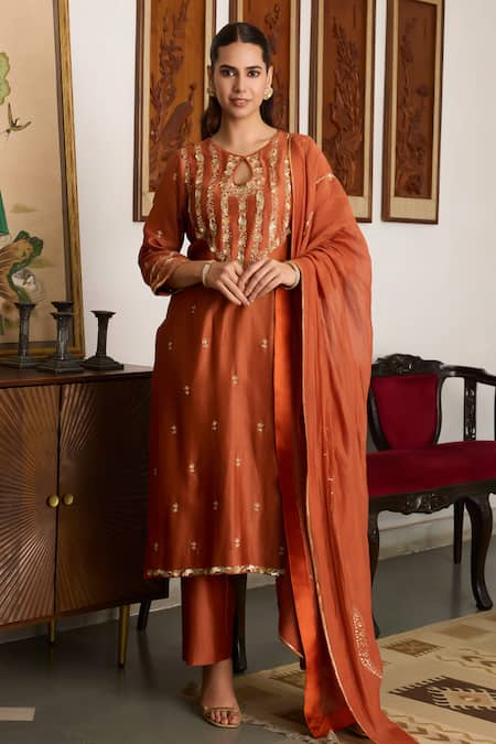 Meesa Brown Embroidered Key Hole Neck Kurta Set 