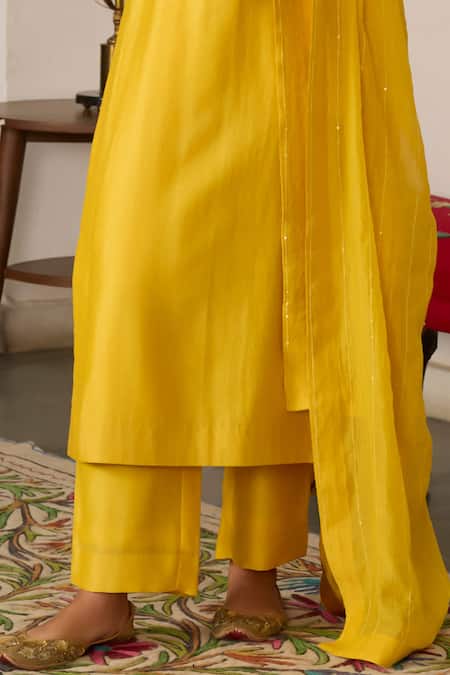 Meesa_Yellow Chanderi Silk Sequins, Embroidery Round Neck Kurta Set _Online_at_Aza_Fashions