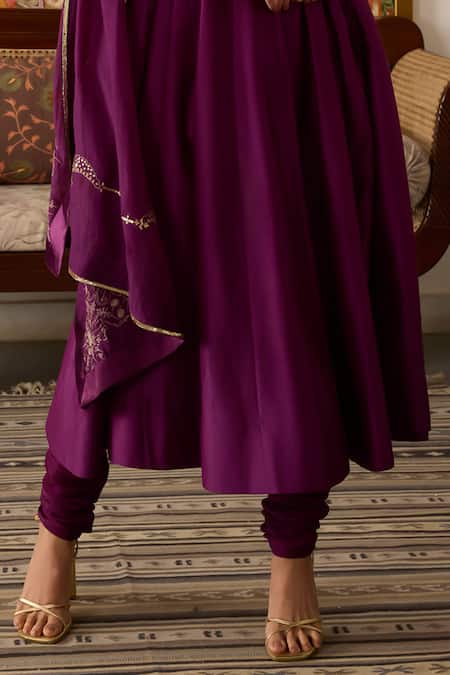 Meesa_Purple Chanderi Silk, Cotton Sequins, Embroidery V-neck Flower Angarkha Set _Online_at_Aza_Fashions