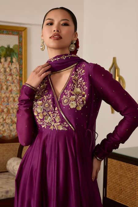Buy_Meesa_Purple Chanderi Silk, Cotton Sequins, Embroidery V-neck Flower Angarkha Set _Online_at_Aza_Fashions