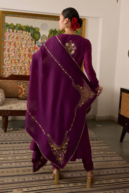 Shop_Meesa_Purple Chanderi Silk, Cotton Sequins, Embroidery V-neck Flower Angarkha Set _at_Aza_Fashions