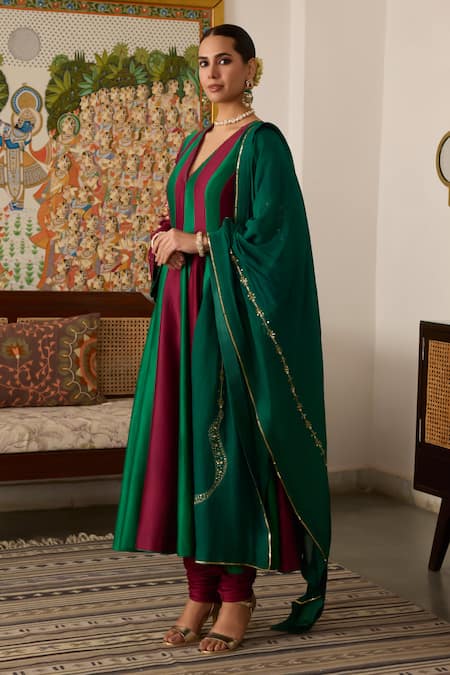 Buy_Meesa_Green Organza, Cotton Embroidery, Sequins Plunge Neck Floral Anarkali Set _Online_at_Aza_Fashions