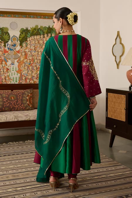 Shop_Meesa_Green Organza, Cotton Embroidery, Sequins Plunge Neck Floral Anarkali Set _at_Aza_Fashions