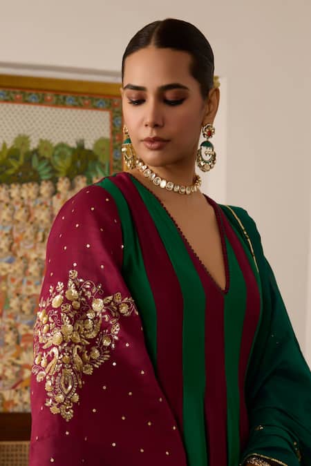 Shop_Meesa_Green Organza, Cotton Embroidery, Sequins Plunge Neck Floral Anarkali Set _Online_at_Aza_Fashions