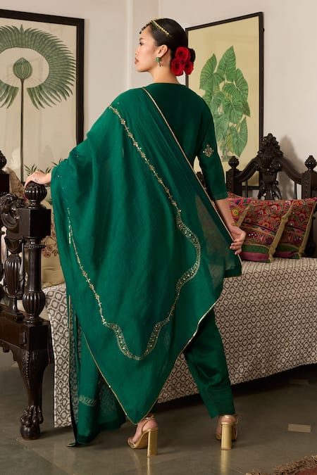 Shop_Meesa_Green Chanderi Silk Sequins, Embroidery Round Neck Floral Kurta Set _at_Aza_Fashions