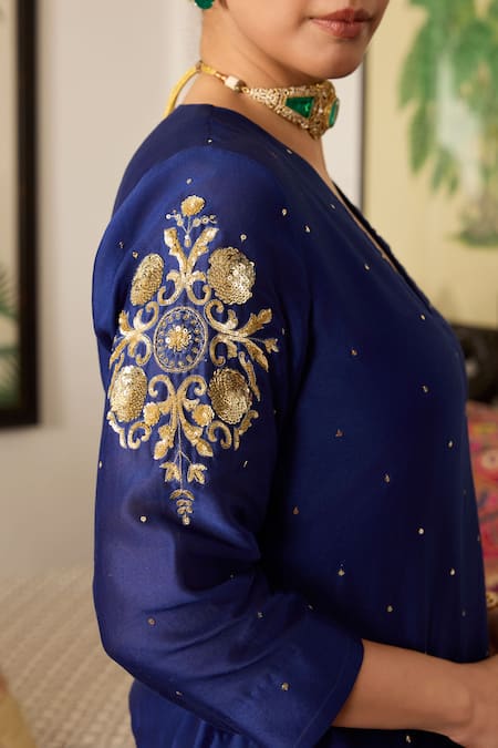 Meesa Blue Chanderi Silk Sequins, Embroidery V-neck Floral Kurta Sharara Set Online at Aza Fashions Meesa_Blue Chanderi Silk Sequins, Embroidery V-neck Floral Kurta Sharara Set _Online_at_Aza_Fashions