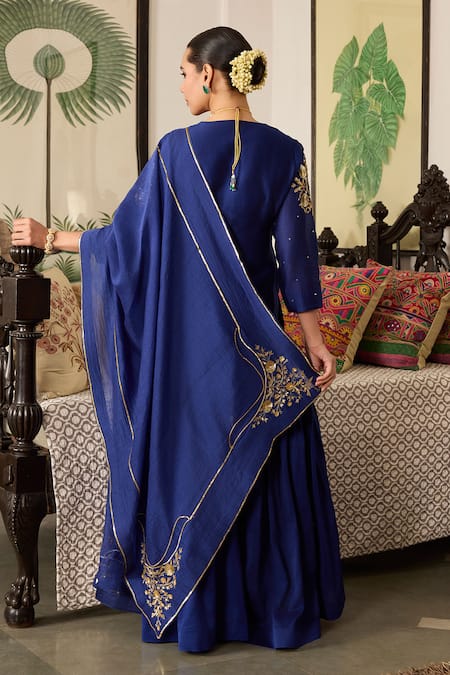 Shop Meesa Blue Chanderi Silk Sequins, Embroidery V-neck Floral Kurta Sharara Set at Aza Fashions Shop_Meesa_Blue Chanderi Silk Sequins, Embroidery V-neck Floral Kurta Sharara Set _at_Aza_Fashions