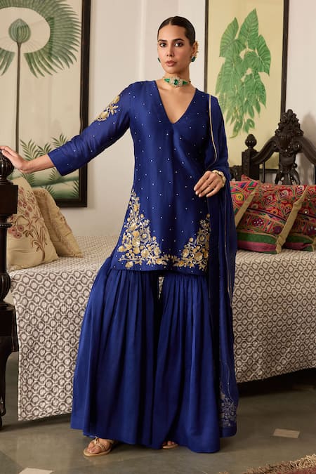 Shop Meesa Blue Chanderi Silk Sequins, Embroidery V-neck Floral Kurta Sharara Set Online at Aza Fashions Shop_Meesa_Blue Chanderi Silk Sequins, Embroidery V-neck Floral Kurta Sharara Set _Online_at_Aza_Fashions