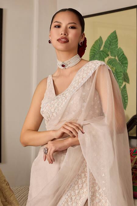 Meesa_Pink Crepe, Organza Sequins, Embroidery V-neck Floral Saree Set _Online_at_Aza_Fashions