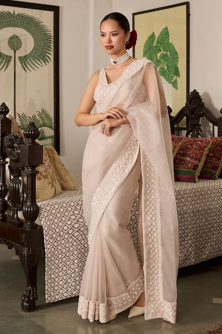 Meesa Floral Embroidered Organza Saree Set 