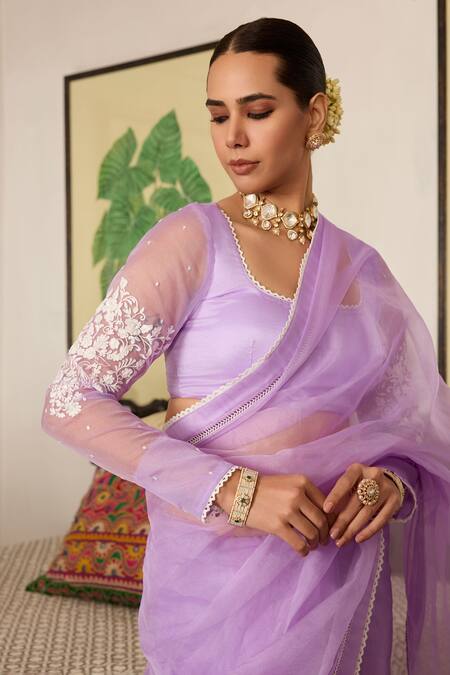 Meesa_Purple Organza Embroidery, Lace Round Neck Hem Saree With Blouse _Online_at_Aza_Fashions