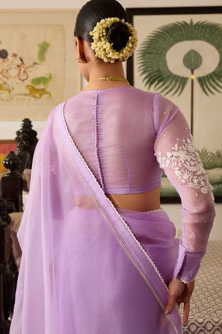 Shop_Meesa_Purple Organza Embroidery, Lace Round Neck Hem Saree With Blouse _at_Aza_Fashions