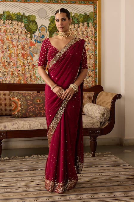 Meesa Maroon Sequin Embroidered Saree & Blouse Set 