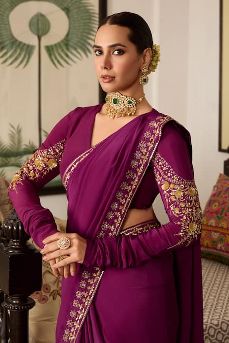Meesa_Purple Crepe Sequins, Tassels V-neck Embroidered Hem Saree And Blouse _Online_at_Aza_Fashions