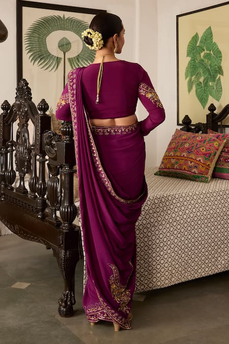 Shop_Meesa_Purple Crepe Sequins, Tassels V-neck Embroidered Hem Saree And Blouse _at_Aza_Fashions