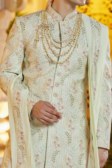 Arihant Rai Sinha Off White Chanderi, Silk, Faux Leather Beads, Floral Green Sherwani Set Online at Aza Fashions Arihant Rai Sinha_Off White Chanderi, Silk, Faux Leather Beads, Floral Green Sherwani Set _Online_at_Aza_Fashions