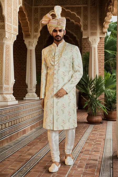Shop Arihant Rai Sinha Off White Chanderi, Silk, Faux Leather Beads, Floral Green Sherwani Set at Aza Fashions Shop_Arihant Rai Sinha_Off White Chanderi, Silk, Faux Leather Beads, Floral Green Sherwani Set _at_Aza_Fashions