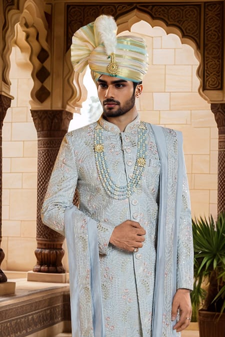 Arihant Rai Sinha_Gray Silk, Faux Leather Cut Work, Sequins, Beads Floral Embroidered Sherwani Set _Online_at_Aza_Fashions