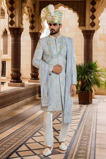 Buy_Arihant Rai Sinha_Gray Silk, Faux Leather Cut Work, Sequins, Beads Floral Embroidered Sherwani Set _Online_at_Aza_Fashions
