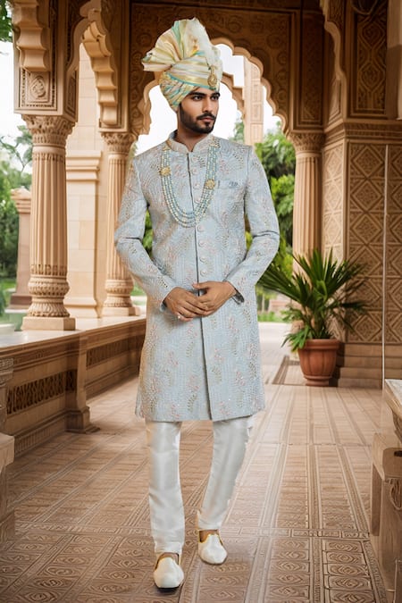 Buy Arihant Rai Sinha Off White Denim, Silk Cut Work, Sequins, Floral Embroidered Grey Sherwani Set Online at Aza Fashions Buy_Arihant Rai Sinha_Off White Denim, Silk Cut Work, Sequins, Floral Embroidered Grey Sherwani Set _Online_at_Aza_Fashions