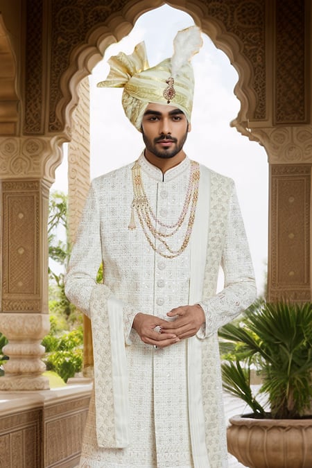 Arihant Rai Sinha Off White Silk, Faux Leather Cut Work, Geometric Embroidered Sherwani Set Online at Aza Fashions Arihant Rai Sinha_Off White Silk, Faux Leather Cut Work, Geometric Embroidered Sherwani Set _Online_at_Aza_Fashions