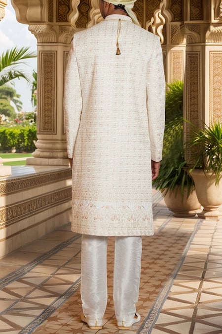 Shop Arihant Rai Sinha Off White Chanderi Silk, Silk, Faux Leather Cut Work, Cream Sherwani Set at Aza Fashions Shop_Arihant Rai Sinha_Off White Chanderi Silk, Silk, Faux Leather Cut Work, Cream Sherwani Set _at_Aza_Fashions