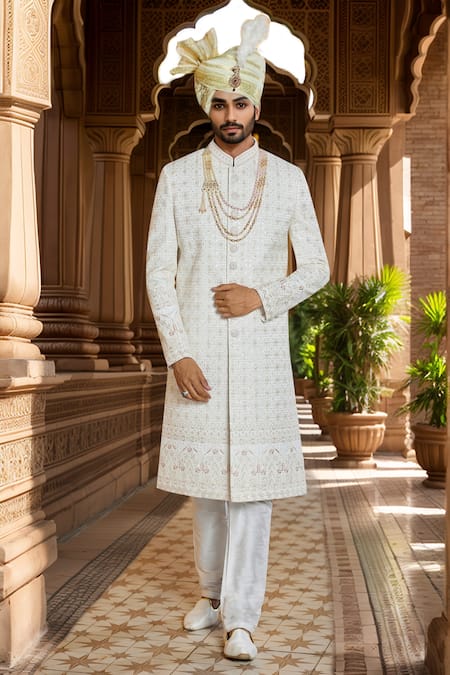 Buy Arihant Rai Sinha Off White Chanderi Silk, Silk, Faux Leather Cut Work, Cream Sherwani Set Online at Aza Fashions Buy_Arihant Rai Sinha_Off White Chanderi Silk, Silk, Faux Leather Cut Work, Cream Sherwani Set _Online_at_Aza_Fashions