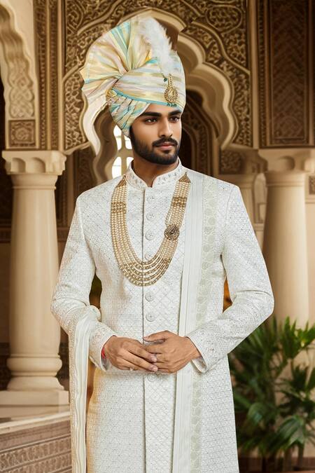 Arihant Rai Sinha_Cream Silk, Faux Leather Cut Work, Sequins, Checkered Embroidered Sherwani Set _Online_at_Aza_Fashions