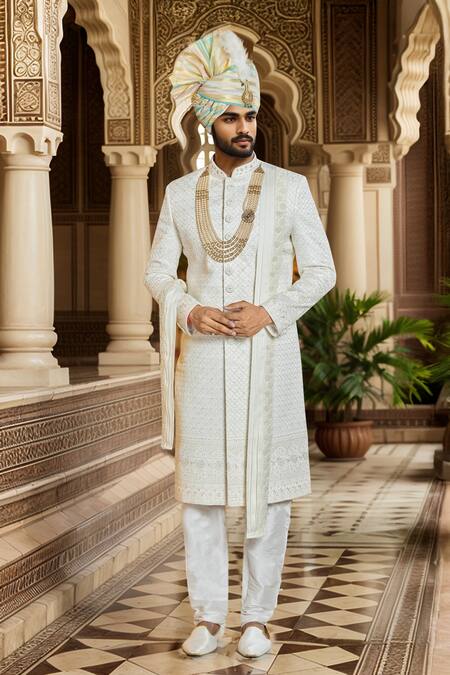 Buy_Arihant Rai Sinha_Cream Silk, Faux Leather Cut Work, Sequins, Checkered Embroidered Sherwani Set _Online_at_Aza_Fashions