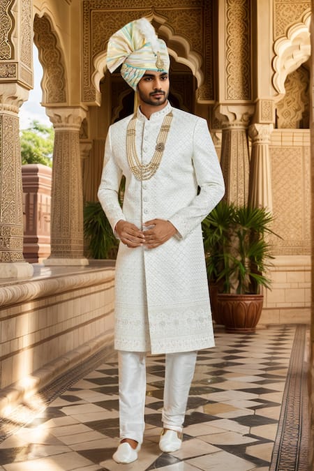 Arihant Rai Sinha Cream Silk, Faux Leather Cut Work, Sequins, Checkered Embroidered Sherwani Set 