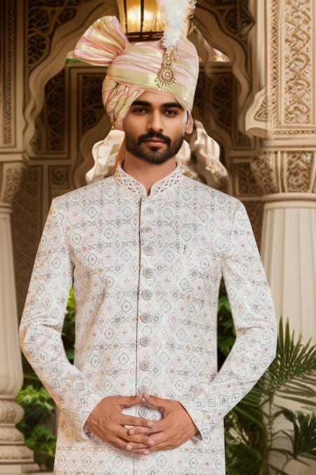 Arihant Rai Sinha Peach Chanderi, Silk Cut Work, Sequins, Cream Mughal Embroidered Sherwani Set Online at Aza Fashions Arihant Rai Sinha_Peach Chanderi, Silk Cut Work, Sequins, Cream Mughal Embroidered Sherwani Set _Online_at_Aza_Fashions