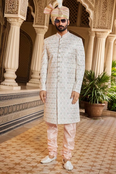 Buy Arihant Rai Sinha Peach Chanderi, Silk Cut Work, Sequins, Cream Mughal Embroidered Sherwani Set Online at Aza Fashions Buy_Arihant Rai Sinha_Peach Chanderi, Silk Cut Work, Sequins, Cream Mughal Embroidered Sherwani Set _Online_at_Aza_Fashions