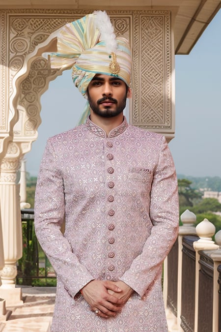 Arihant Rai Sinha_White Chanderi, Silk, Faux Leather Cut Mughal Floral Embroidered Sherwani Set _Online_at_Aza_Fashions