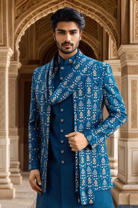 Arihant Rai Sinha Blue Silk, Faux Leather Cut Work, Sequins, Beads, Embroidery Flower Jacket Set Online at Aza Fashions Arihant Rai Sinha_Blue Silk, Faux Leather Cut Work, Sequins, Beads, Embroidery Flower Jacket Set _Online_at_Aza_Fashions