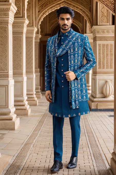 Shop Arihant Rai Sinha Blue Silk, Faux Leather Cut Work, Sequins, Beads, Embroidery Flower Jacket Set at Aza Fashions Shop_Arihant Rai Sinha_Blue Silk, Faux Leather Cut Work, Sequins, Beads, Embroidery Flower Jacket Set _at_Aza_Fashions