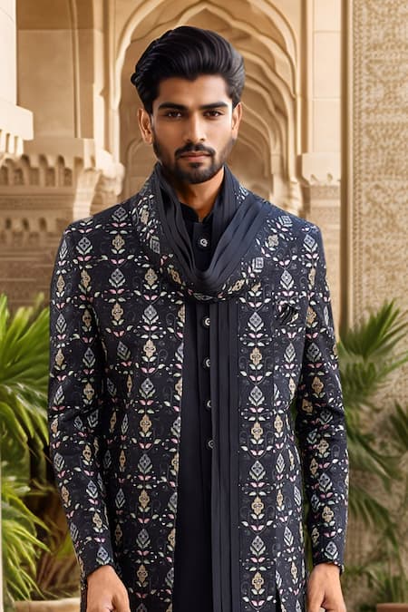 Arihant Rai Sinha Black Silk, Polyester Embroidery, Cut Work, Sequins Jacket Set Online at Aza Fashions Arihant Rai Sinha_Black Silk, Polyester Embroidery, Cut Work, Sequins Jacket Set _Online_at_Aza_Fashions