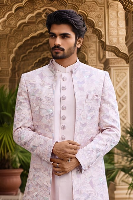 Arihant Rai Sinha_Peach Silk, Faux Leather, Cotton Cut Work, Abstract Jacket Sherwani Set _Online_at_Aza_Fashions
