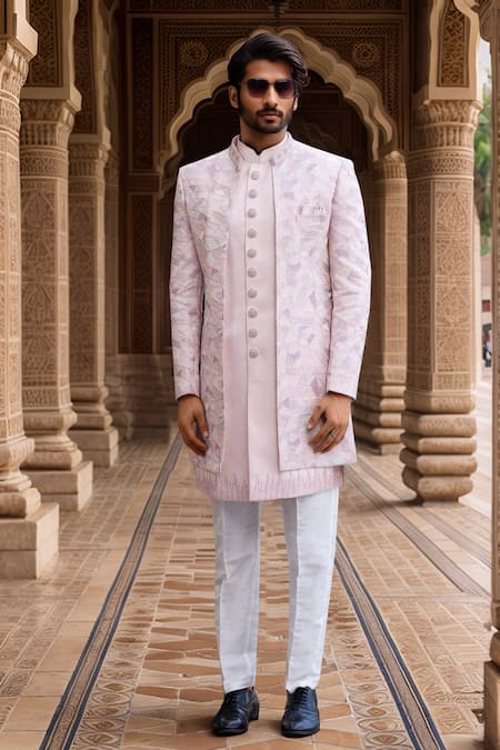 Aryavir Malhotra Peach Abstract Embroidered Jacket Sherwani Set 